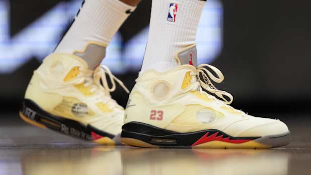 View of Air Jordan 5 'Off-White' sneakers.